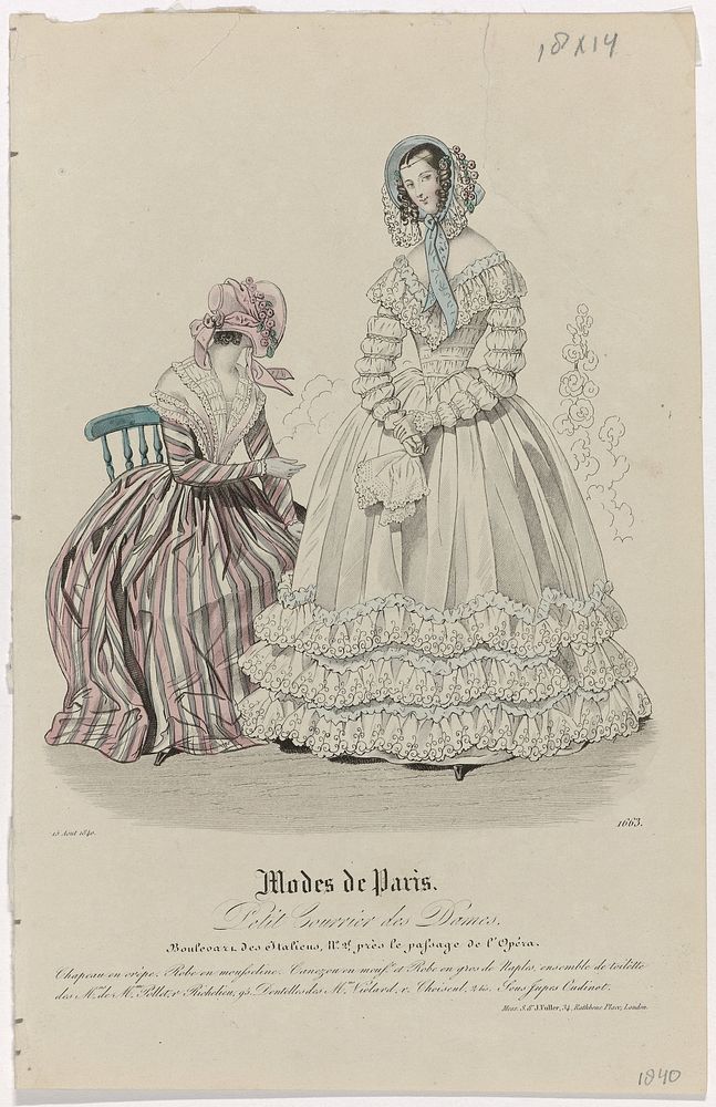 Petit Courrier des Dames, 15 août 1840, No. 1663 : Chapeau en crèp (...) (1840) by anonymous, Dupré uitgever and S and J…