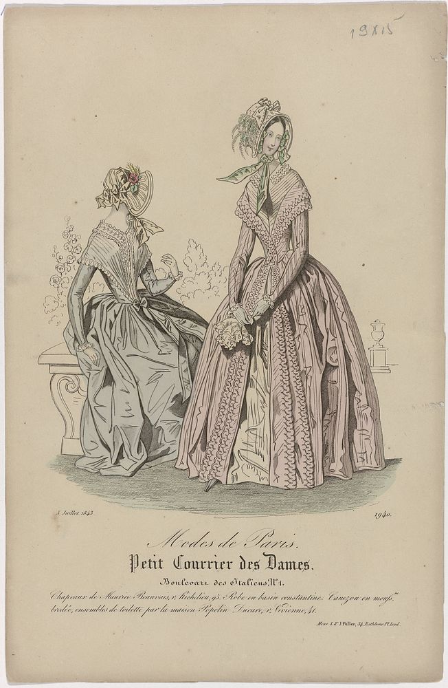 Petit Courrier des Dames, 5 jullet 1843, No. 1940 : Chapeaux de Maurice Beauvais (...) (1843) by anonymous, Dupré uitgever…