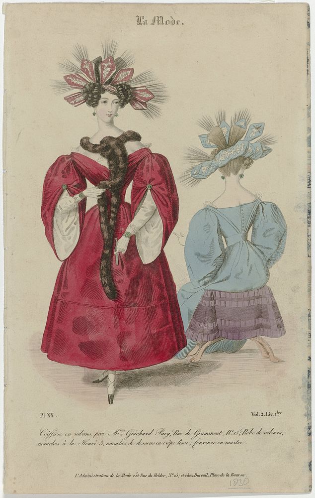La Mode, 1830, Vol. 2 Liv. 1.ere, Pl. 20 : Coeffure en rubans, par Mme Guichard Pavy (...) (1830) by anonymous