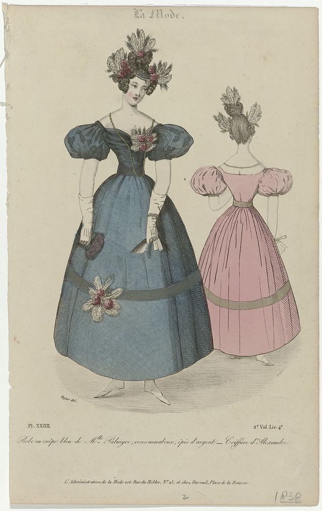 La Mode, 1830, 2e Vol. Liv. 4e, Pl. 24 : Robe en crêpe bleu (...) (1830) by Vittore Pedretti and Hujus