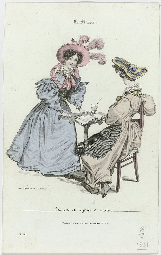La Mode, 1831, Pl. 112, T.1 : Toilette et négligé du matin (1831) by Jean Denis Nargeot, Paul Gavarni, Alfred Xavier du…