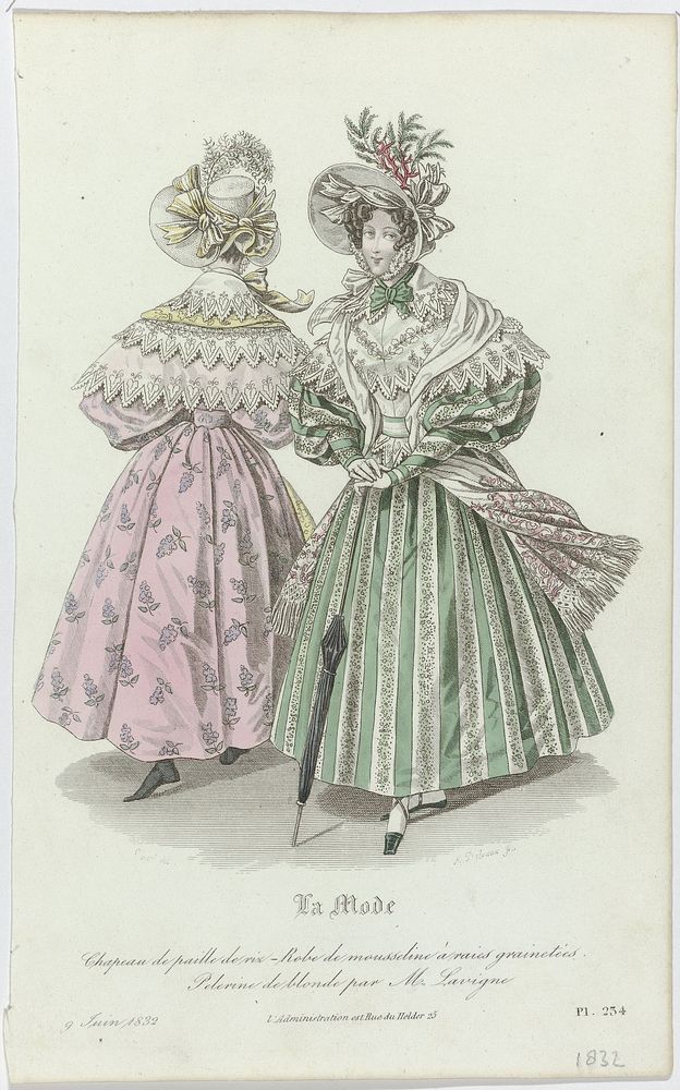 La Mode, 9 juin 1832, Pl. 234 : Chapeau de paille de riz (...) (1832) by August Delvaux, Louis Marie Lanté, Alfred Xavier du…