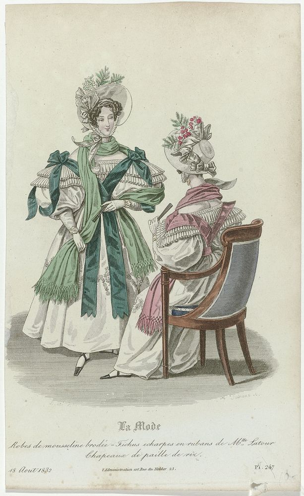 La Mode, 18 août 1832, Pl. 247 : Robes de mousseline brodé (...) (1832) by August Delvaux, Louis Marie Lanté, Alfred Xavier…
