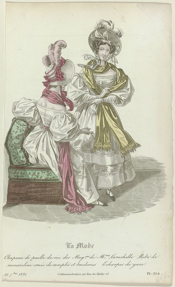 La Mode, 22 septembre 1832, Pl. 254 : Chapeau de paille de riz (...) (1832) by August Delvaux, Louis Marie Lanté, Alfred…