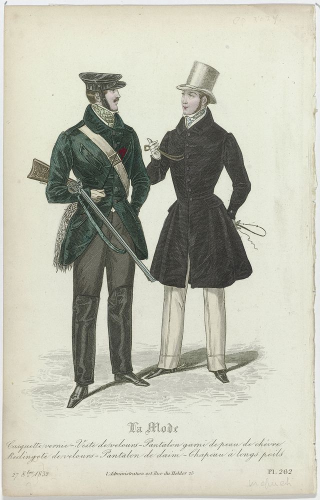 La Mode, 27 octobre 1832, Pl. 262 : Casquette vernie- Veste de velours (1832) by anonymous, Alfred Xavier Douespe du Fougera…