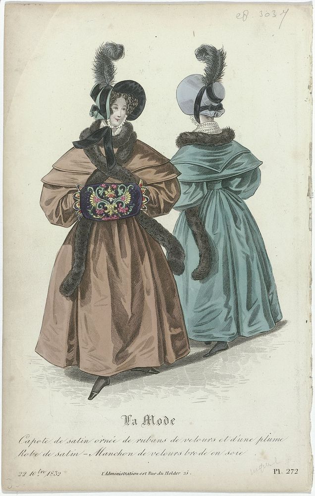 La Mode, 22 décembre 1832, Pl. 272 : Capote de satin ornée de rubans (...) (1832) by anonymous, Alfred Xavier du Fougerais…