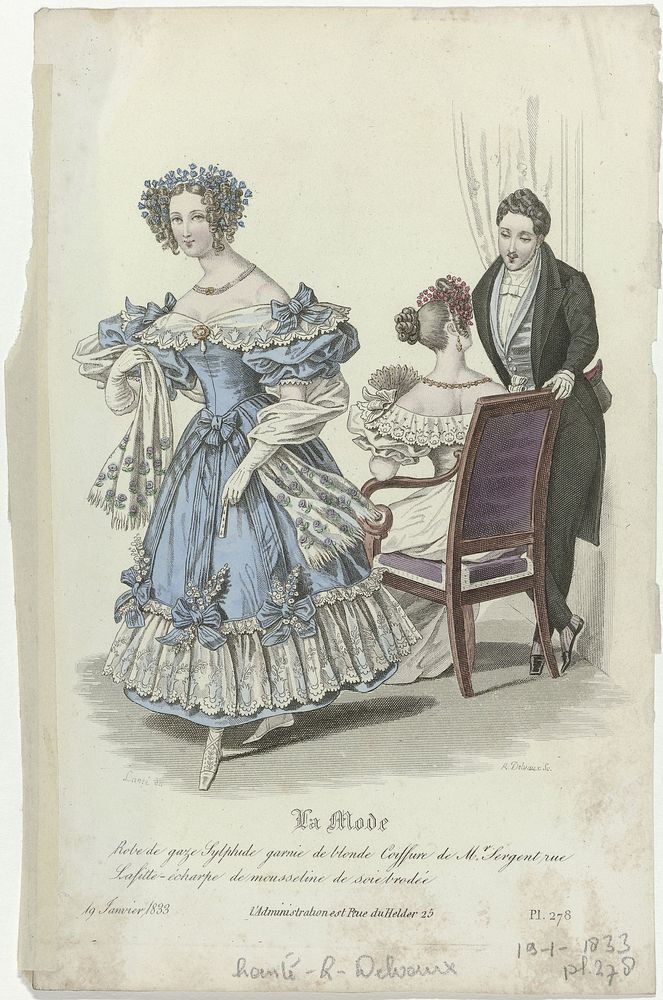 La Mode, 19 janvier 1833, Pl. 278 : Robe de gaze Sylphid (...) (1833) by August Delvaux, Louis Marie Lanté, Alfred Xavier du…