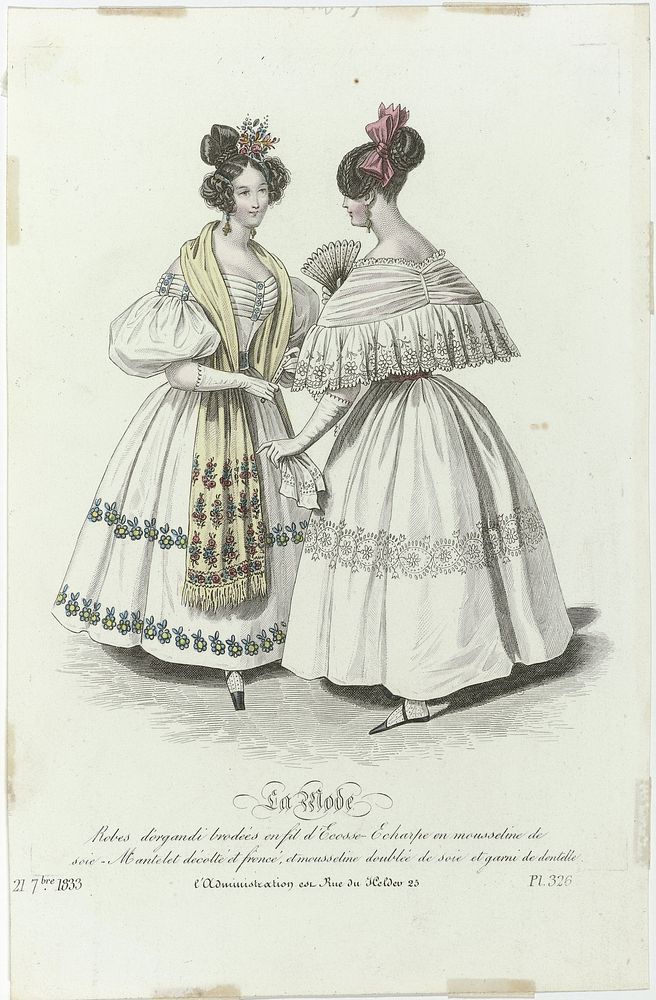 La Mode, 21 septembre 1833, Pl. 326 : Robes d'organdi brodées (...) (1833) by anonymous, Alfred Xavier du Fougerais and Th…