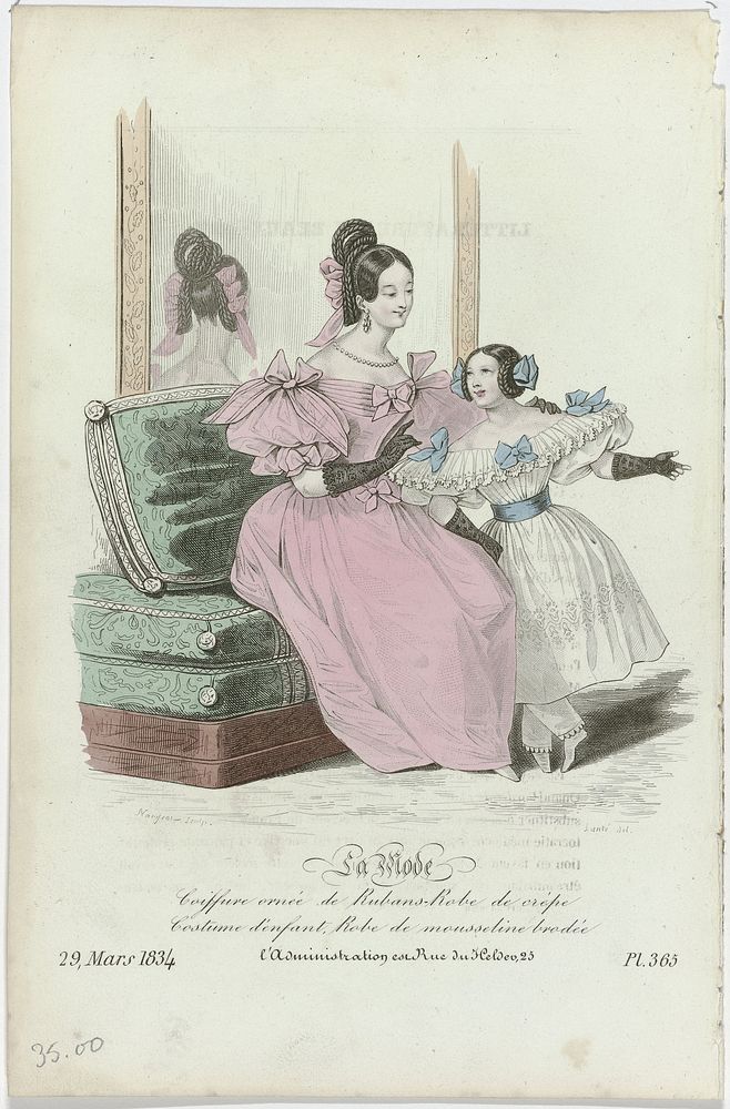 La Mode, 29 mars 1834, Pl. 365 : Coiffure ornée de Rubans-Rob (...) (1834) by Jean Denis Nargeot, Louis Marie Lanté, Alfred…