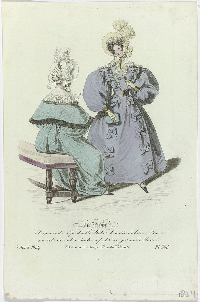 La Mode, 5 avril 1834, Pl. 366 : Chapeau de crépe doublé-Robes (...) (1834) by Jean Denis Nargeot, Louis Marie Lanté, Alfred…