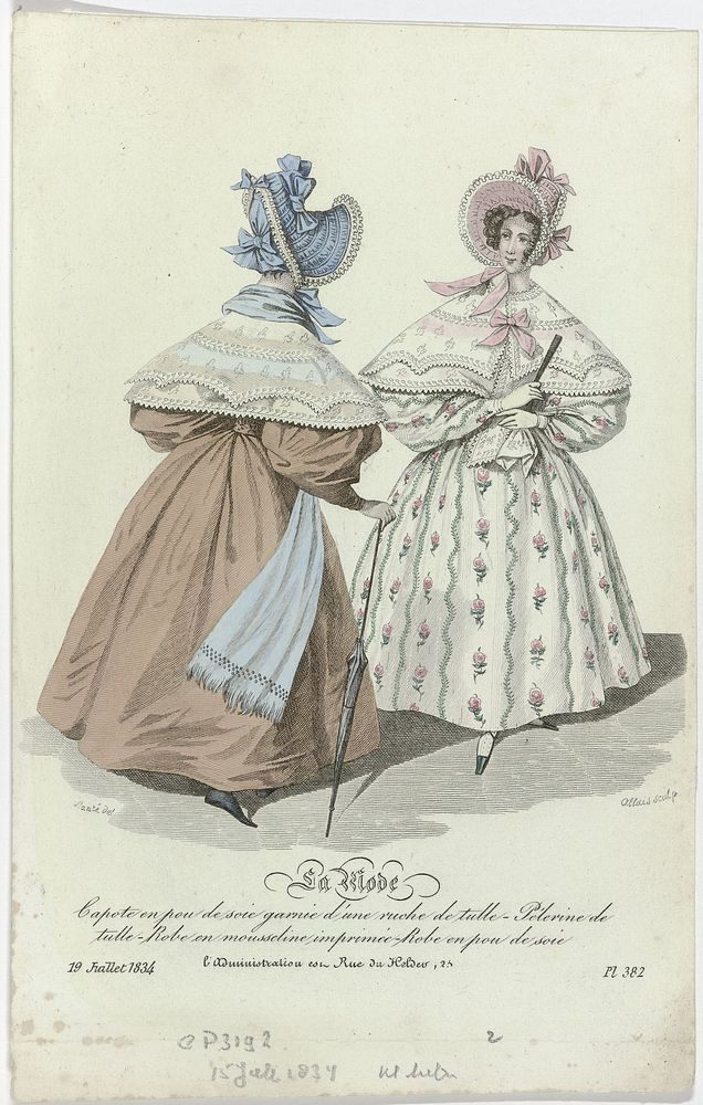 La Mode, 19 juillet 1834, Pl. 382 : Capote en pou de soi (...) (1834) by Jean Alexandre Allais, Louis Marie Lanté, Alfred…