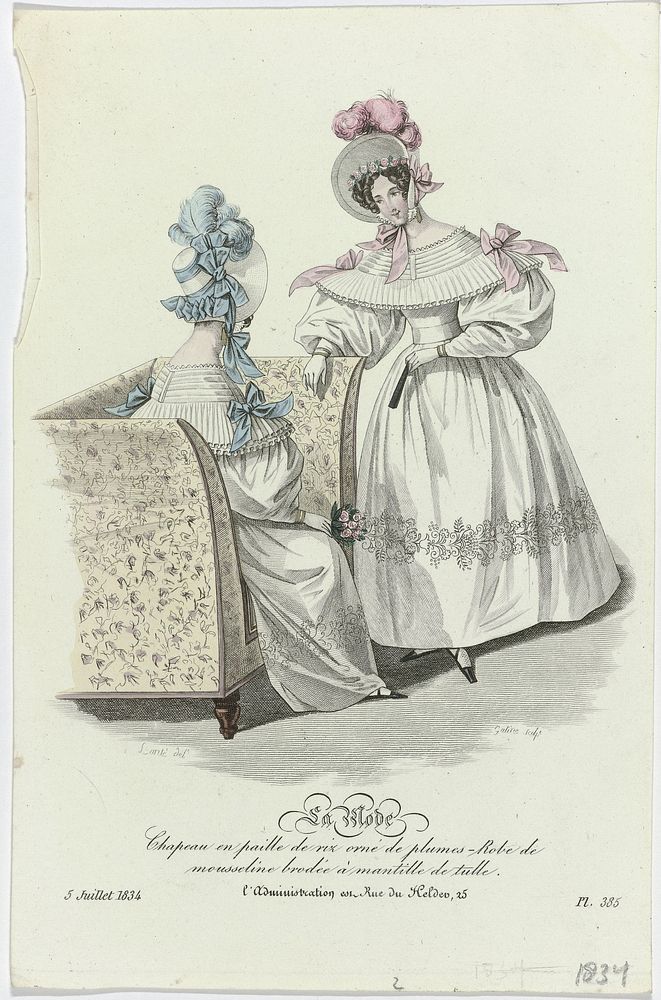 La Mode, 5 juillet 1834, Pl. 385 : Chapeau en paille de riz (...) (1834) by Georges Jacques Gatine, Louis Marie Lanté…