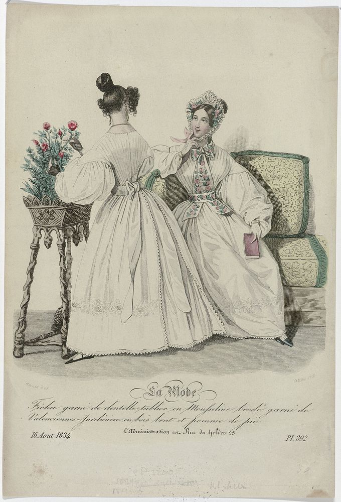 La Mode, 16 août 1834, Pl. 392 : Fichu garni de dentelle-tablier (...) (1834) by Jean Alexandre Allais, Louis Marie Lanté…