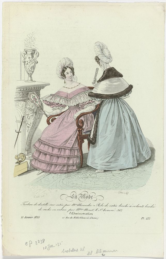 La Mode, 15 janvier 1835, Pl.422 : Turban de dentelle sur satin (...) (1835) by Georges Jacques Gatine, Louis Marie Lanté…