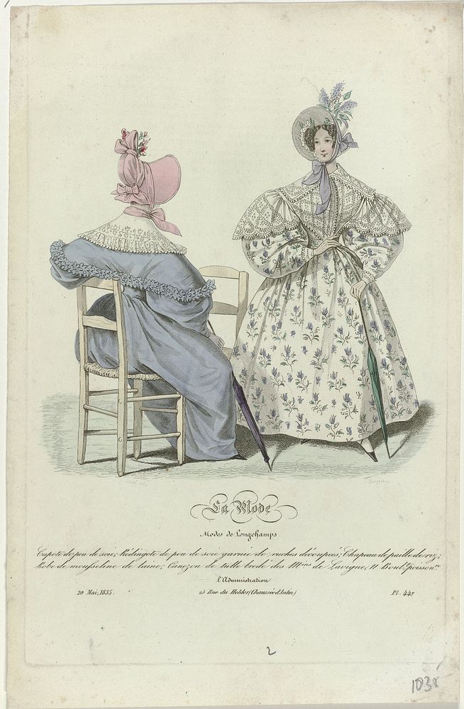 La Mode, 20 mai 1835, Pl.447 : Capote de pou de soie; (...) (1835) by Jean Denis Nargeot, Louis Marie Lanté, Alfred Xavier…