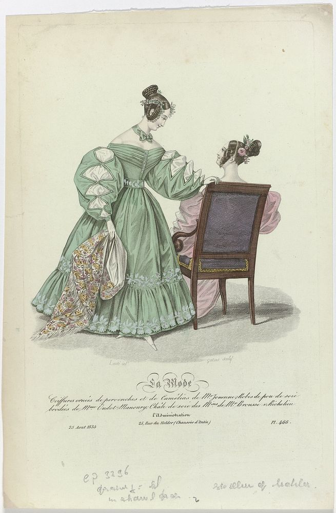 La Mode, 25 août 1835, Pl. 466 : Coiffures ornées de prevenches (...) (1835) by Georges Jacques Gatine, Louis Marie Lanté…