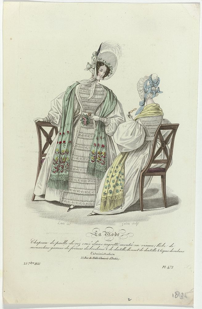 La Mode, 25 septembre 1835, Pl. 472 : Chapeau de paille de riz (...) (1835) by Georges Jacques Gatine, Louis Marie Lanté…