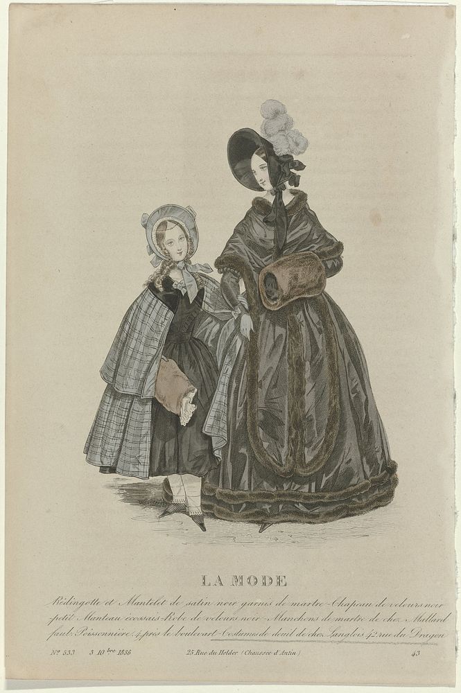 La Mode, 3 décembre 1836, Pl. 533 : Rédingote et Mantelet de satin noir (...) (1836) by anonymous, Alfred Xavier du…
