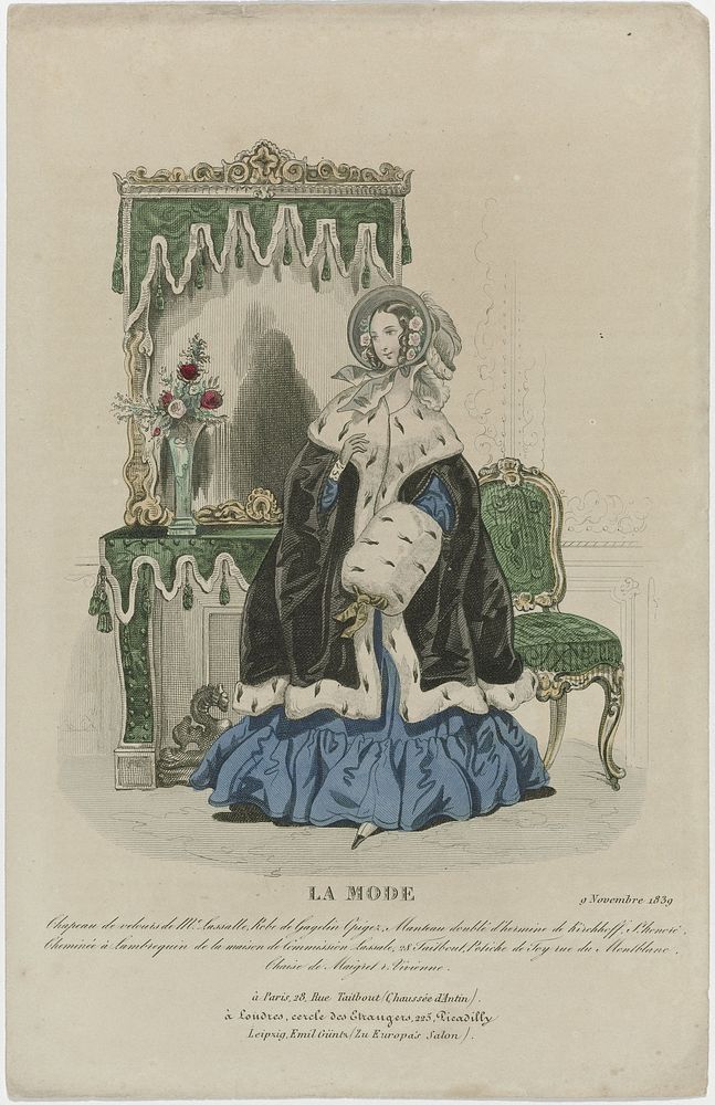 La Mode, 9 novembre 1839 : Chapeau de velours de Me Lassall (...) (1839) by anonymous, Alfred Xavier du Fougerais and Th…