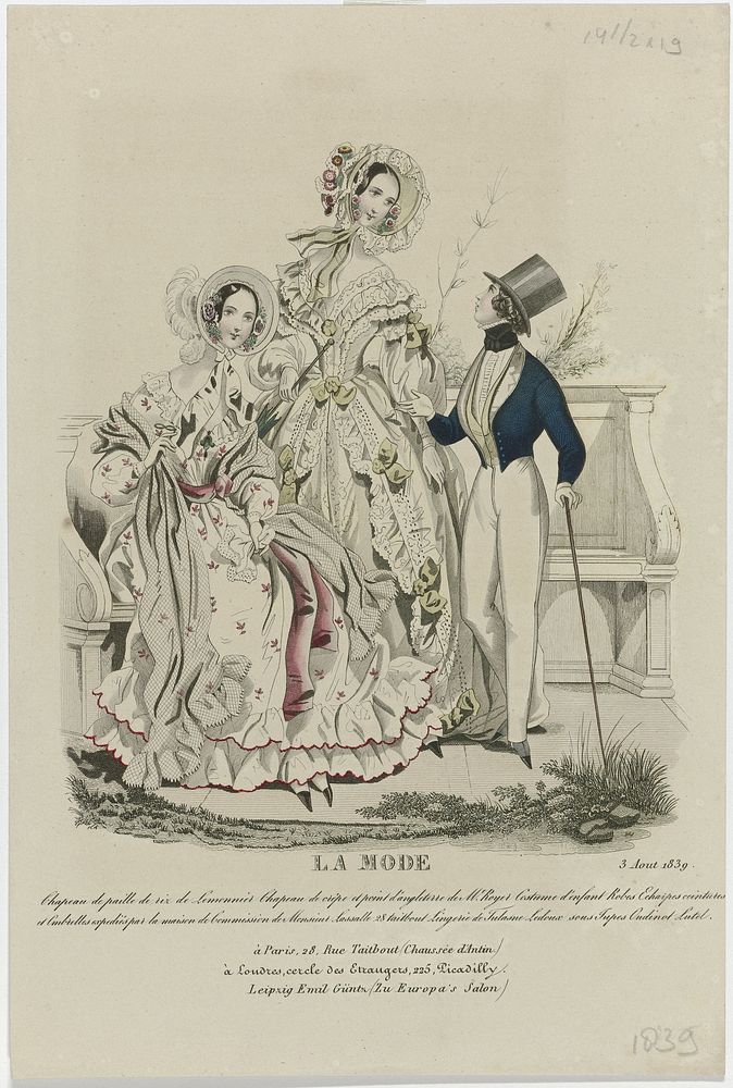 La Mode, 3 août 1839 : Chapeau de paille de riz de Lemonnier (...) (1839) by anonymous, Alfred Xavier du Fougerais and Th…
