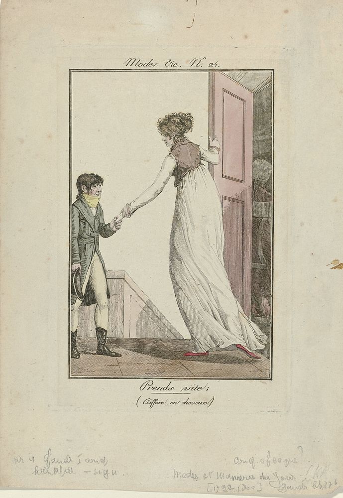 Modes et Manières du Jour, 1799-1800, No. 24: Prends vite; (...) (1799 - 1800) by Philibert Louis Debucourt, Philibert Louis…