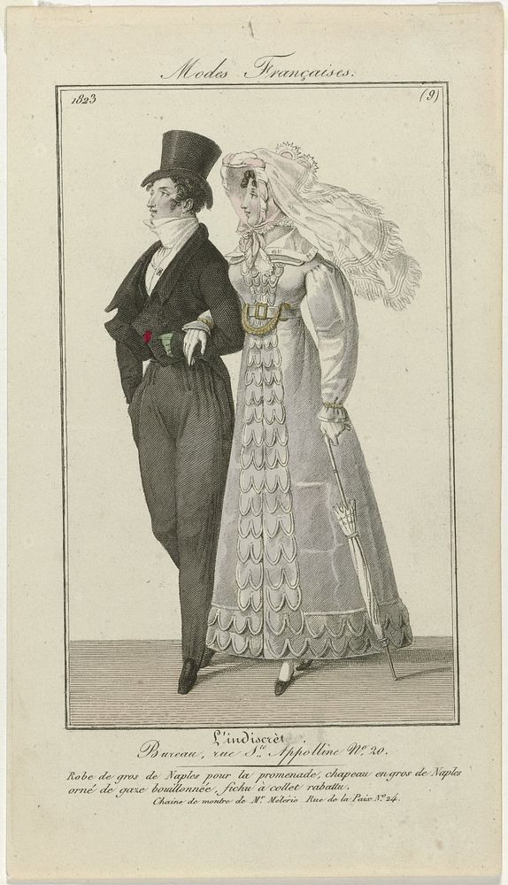 L'Indiscret, 1823, Modes Françaises, No. 9 : Robe de gros de Naples (...) (1823) by anonymous