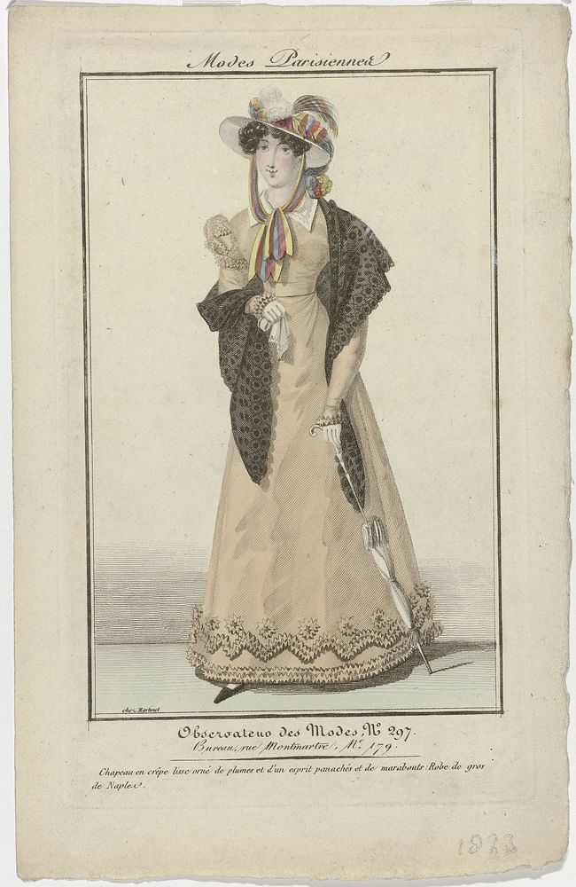 Observateur des Modes, 1823, No. 297 : Modes Parisiennes : Chapeau en crêp (...) (1823) by Aaron Martinet