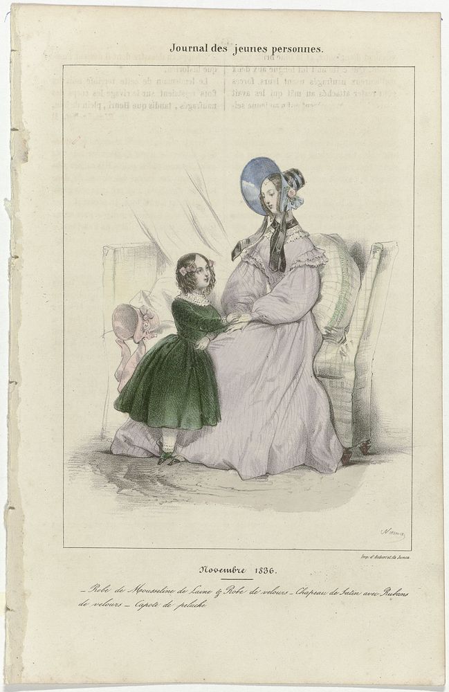 Journal des Jeunes Personnes, novembre 1836 : Robe de Mousselin (...) (1836) by Pierre Numa Bassaget and Aubert and Junca