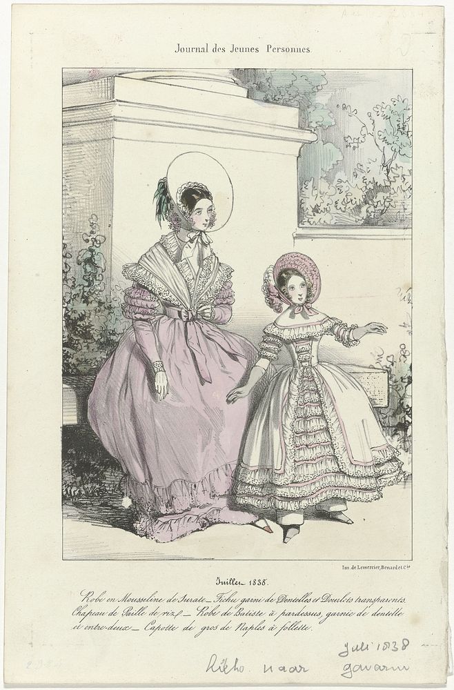 Journal des Jeunes Personnes, juillet 1838 : Robe en Mousselin (...) (1838) by anonymous, Paul Gavarni and Benard Lemercier…