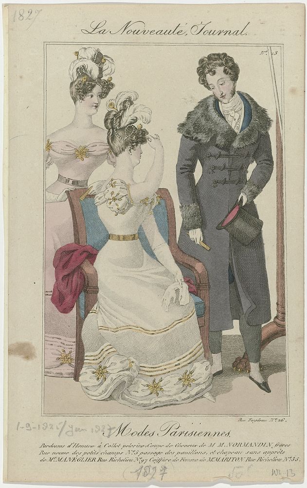 La Nouveauté Journal, Modes Parisiennes, 1827, No. 13: Pardessus d'Homm (...) (1827) by anonymous