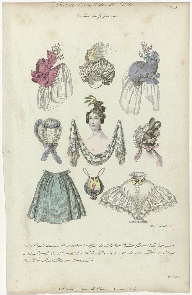 Revue des Modes de Paris, Mai 1834, No. 23 : 1. et 2 Capote à demi voil (...) (1834) by Montaut d Oleron Gabriel Xavier and…