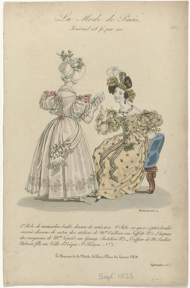 La Mode de Paris, septembre 1833, No. 6 : 1. Robe de mousseline brodé (...) (1833) by Montaut d Oleron Gabriel Xavier and…