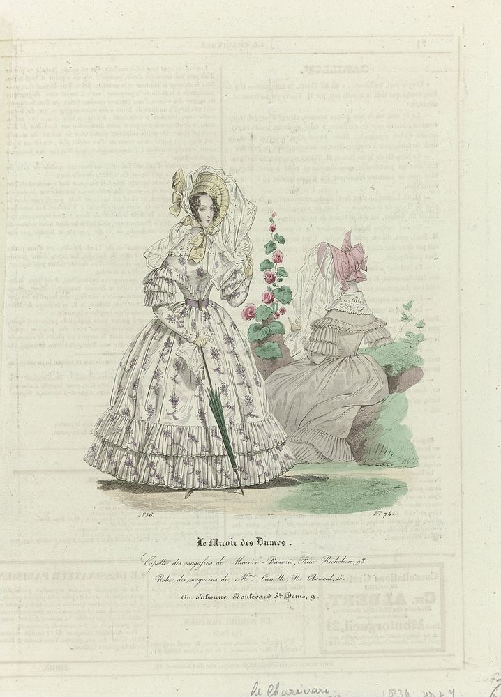 Le Miroir des Dames, 1836, No. 74 : Capotte des magasins.. (1836) by anonymous