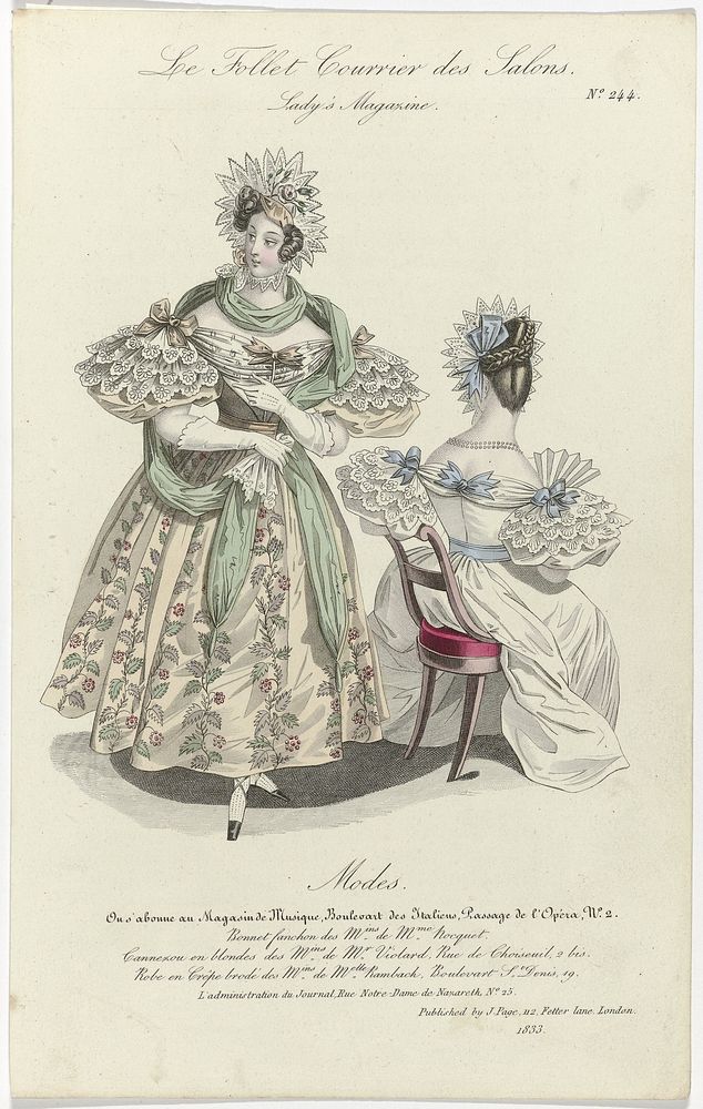 Le Follet Courrier des Salons, Lady's Magazine, 1833, No. 244: Bonnet fanchon (...) (1833) by anonymous and J Page uitgever