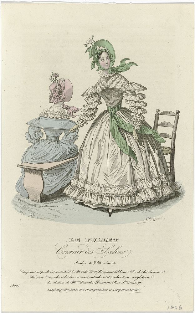 Le Follet Courrier des Salons, 1836, No. 500: Chapeau en poult de soi (...) (1836) by anonymous and Dobbs and Street
