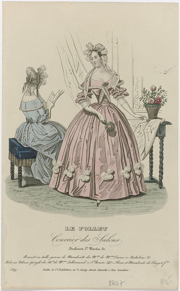 Le Follet Courrier des Salons, 1837, No. 569: Bonnet en tule garni de Marabouts (...) (1837) by anonymous and Dobbs and Co