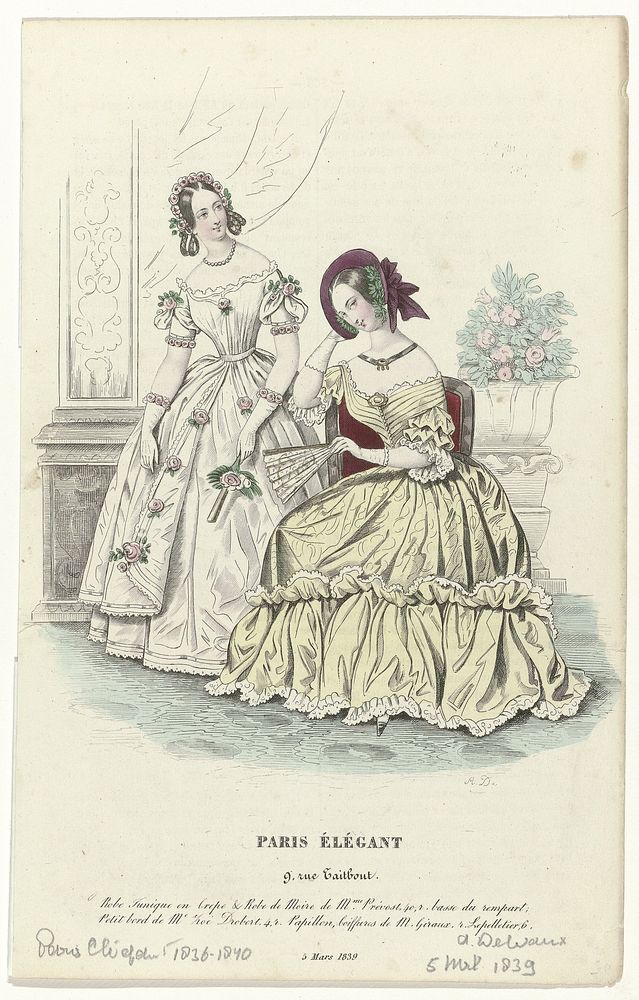 Paris Élégant, 5 mars 1839 : Robe Tunique en Crep (...) (1839) by August Delvaux
