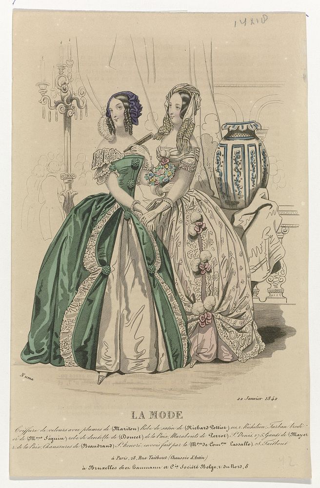 La Mode, 22 janvier 1842 : Coiffure de velours avec plumes (...) (1842) by Pierre Numa Bassaget