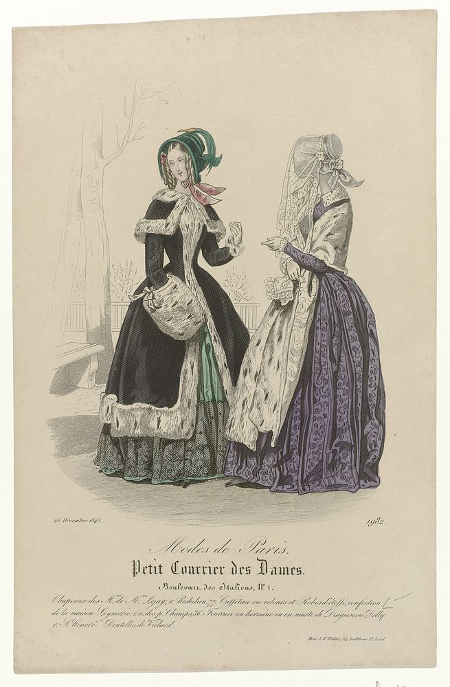 Petit Courrier des Dames, 25 décembre 1843, No. 1982 : Chapeaux des Mns de Mme Lejay (...) (1843) by anonymous and S and J…