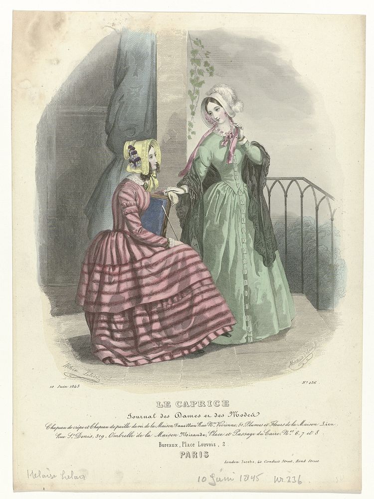 Le Caprice, 10 juin 1845, No. 236 : Chapeau de crép (...) (1845) by Montaut d Oleron Gabriel Xavier, Héloïse Leloir Colin…