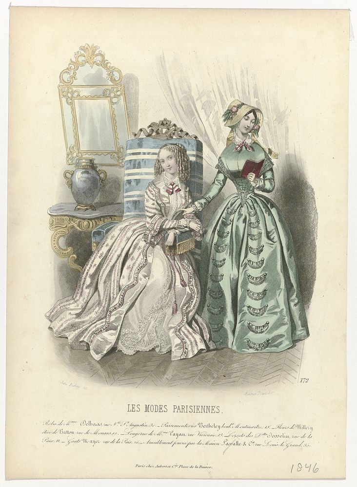 Les Modes Parisiennes, 1846, No. 172 : Robes de Mme Delhaas (...) (1846) by Montaut d Oleron Gabriel Xavier, Célestin…