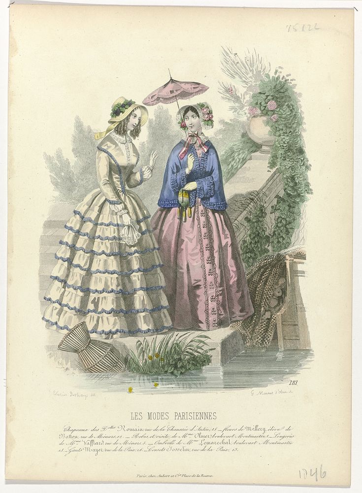 Les Modes Parisiennes, 1846, No. 181 : Chapeaux des D.elles Romain (...) (1846) by Montaut d Oleron Gabriel Xavier, Célestin…