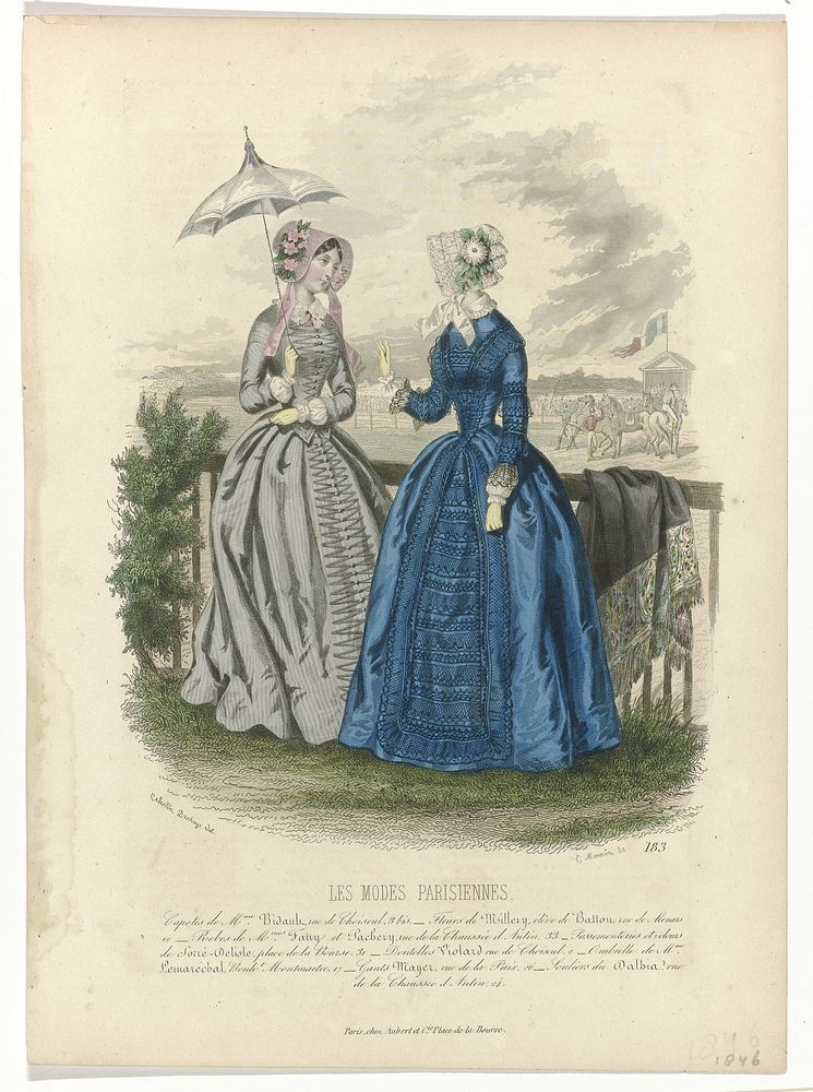 Les Modes Parisiennes, 1846, No. 183 : Capotes de Mme Bidauli (...) (1846) by E Monnin, Célestin Deshayes and Aubert and Cie