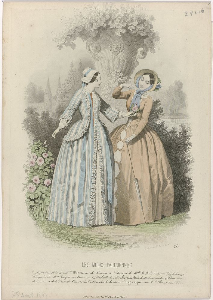 Les Modes Parisiennes, 25 avril 1847, No. 217 : Peignoir et Robe de Melle Mari (...) (1847) by Montaut d Oleron Gabriel…