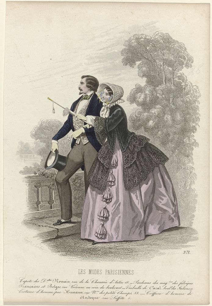 Les Modes Parisiennes, 1851, No. 371 : Capote des D.elles Romain (...) (c. 1851) by Préval, François Claudius Compte Calix…