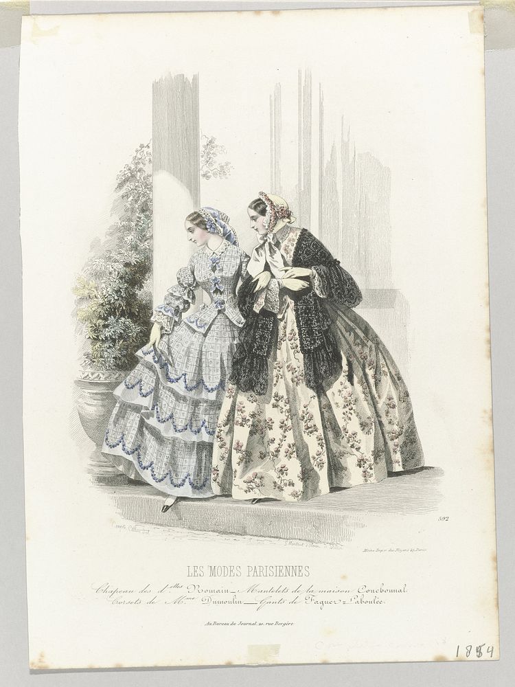 Les Modes Parisiennes, 1854, No. 592 : Chapeau des d.elles Romain (...) (1854) by Montaut d Oleron Gabriel Xavier, Millin…