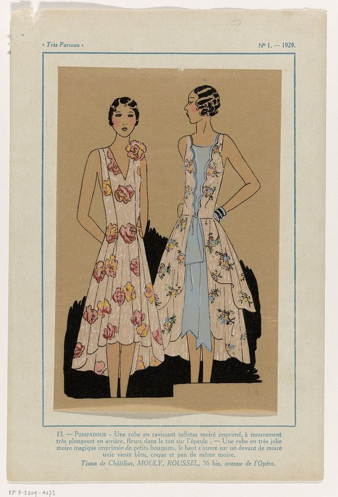 Très Parisien, 1929, No. 1 : 13.- POMPADOUR - Une robe en ravissant (...) (1929) by anonymous, Mouly Roussel Chatillon and G…
