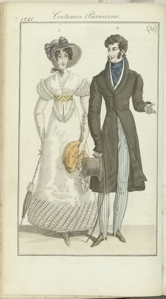 Journal des Dames et des Modes, editie Frankfurt 16 septembre 1821, Costumes Parisiens (38) (1821) by anonymous and J P…