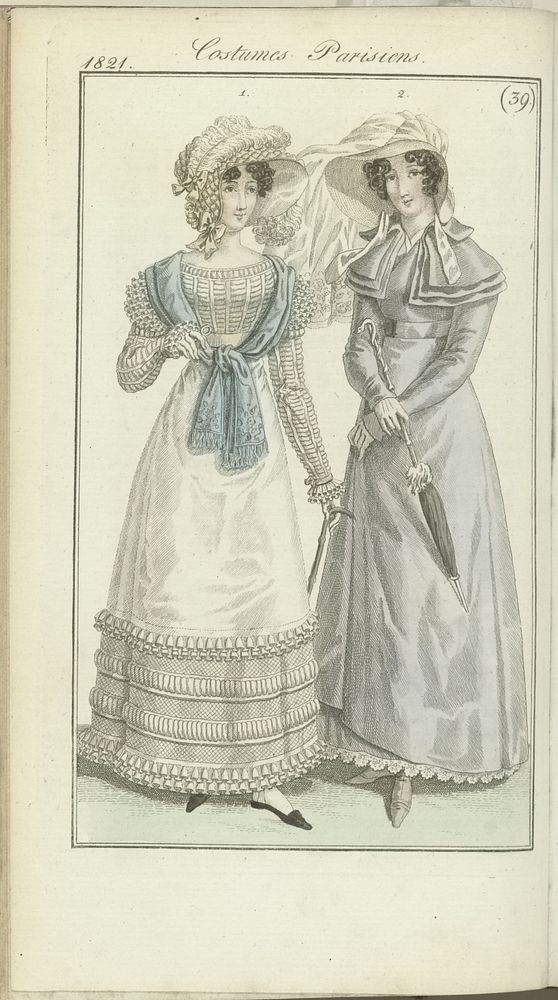 Journal des Dames et des Modes, editie Frankfurt 23 septembre 1821, Costumes Parisiens (39) (1821) by anonymous and J P…