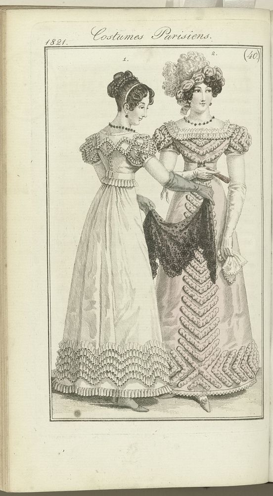 Journal des Dames et des Modes, editie Frankfurt 1 octobre 1821, Costumes Parisiens (40) (1821) by anonymous and J P Lemaire